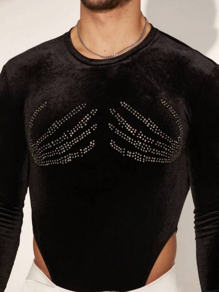 Men's crew neck long sleeve Rhinestone Decor Bodysuit